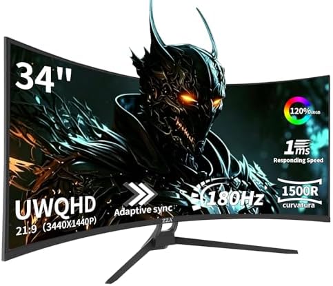ZZA 34 Inch Curved Monitor Ultrawide 180HZ|165Hz, WQHD 3440x1440 (21:9) 1500R, 1ms (OD), HDR10 300nits, 120% sRGB, FreeSync & G-Sync, PIP/PBP, HDMI 2.1 x2 / DP 1.4 x2, VESA Mount Compatible by ZZA