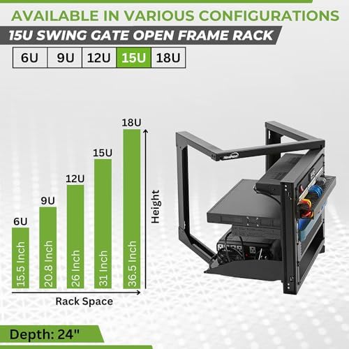 NavePoint 15U Server Rack with Swing Gate - Wall Mount Rack for 19 Inch IT Equipment Open Frame Rack – Network Rack Wall Mount for AV & Server Equipment 24” Deep 19" Rack, Black - Image 3