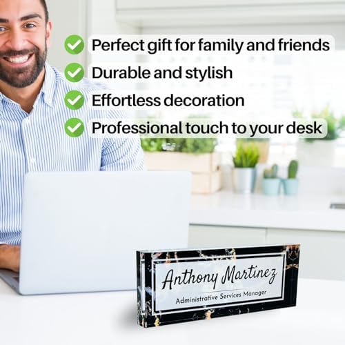 Customized Clear Acrylic Thick 8x3" Desk Name Plate Block with Personalized Logo - Professional Office Decor - Customized Acrylic Plate Gift for Teacher Co-workers (Black Marble) - Image 4