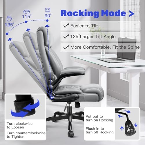 High Back Executive Office Chair - Ergonomic Computer Desk with Rocking Function, Leather Managerial with Adjustable Flip-Up Armrests and Lumbar Support - Image 6