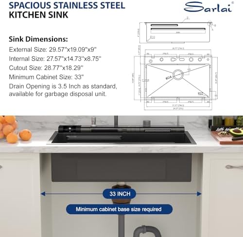 Sarlai Waterfall Kitchen Sink - 30 Inch Black Drop In Workstation Sink With Waterfall 33x19 Inch Black Stainless Steel 16 Gauge Multifunction Single Bowl Top Mount Kitchen Sinks with HoneyComb Finish - Image 7