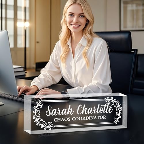 Custom Name Plate for Desk, Personalized Desk Name Plate on Clear Acrylic Glass, Appreciation Gifts for Teacher Employee Boss Coworkers Nurse, Office Desktop Accessories for Women Men (Engraved Thorn) - Image 2