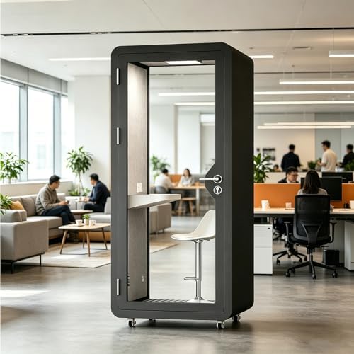 Mobile Office Pod Booth, Office Soundproof Booth with LED Lighting & Acoustic Panels, Privacy Silent Booth with Wheel for Focused Work Study and Call Privacy(Black) by Unknown