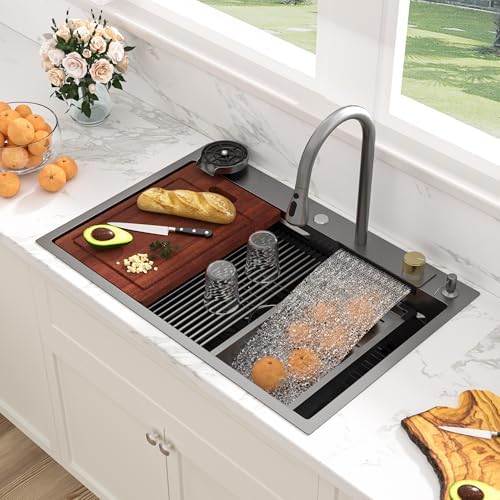 Sarlai 33 Inch Waterfall Kitchen Sink Workstation - 33x22 Black Waterfall Drop In Sink Stainless Steel 16 Gauge Sink Multifunction Single Bowl Smart Top Mount Kitchen Sinks with Faucet Combo - Image 2