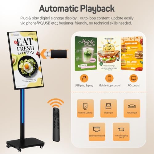 32 Inch Digital Signage Display on Wheels, Portable LCD Touch Digital Kiosk with Adjustable Rolling Stand, Phone App Control Android 14 Advertising Display Poster, Auto Media Player, HDMI/USB - Image 6