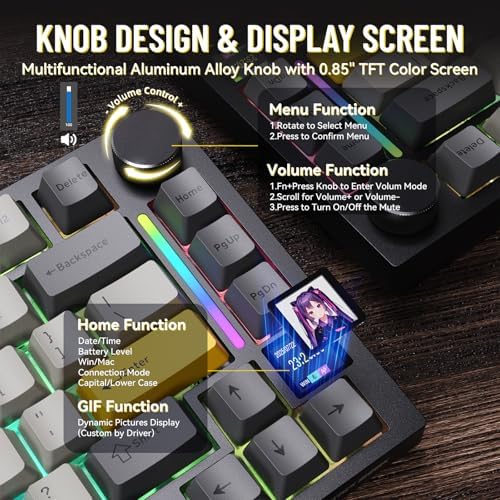 ATTACK SHARK X820 Ultra Wireless Mechanical Keyboard with TFT Smart Display&Knob,75% Bluetooth/2.4GHz/USB-C Wired Gaming Keyboard,Gasket-Mounted Linear Switch with Coiled Cable,for Win/Mac-Gray - Image 3