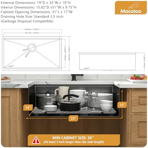 Mocoloo 33 Inch Undermount Kitchen Sink - 33 x 19 Black Stainless Steel Sinks Ledge Workstation 16 Gauge Deep Single Bowl Handmade NANO-PVD Under Counter Gunmetal Black Kitchen Sink - Image 7