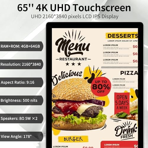 65 Inch Capacitive Touchscreen Digital Signage, 4K UHD Indoor Floor Standing Advertising Display Commercial LCD Monitor Interactive Kiosk with USB/HDMI-in, Android 11 (4+64GB) - Image 2