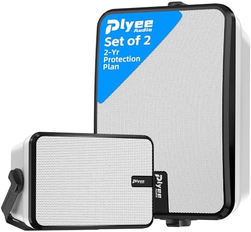 600W Outdoor Bluetooth Speakers, Wireless Sync Between Speakers, Powerful Bass, Wall Mount for Patio, Porch, Gazebo, Garage, 2-Pack, White(MZ-658) by PlyeeAudio