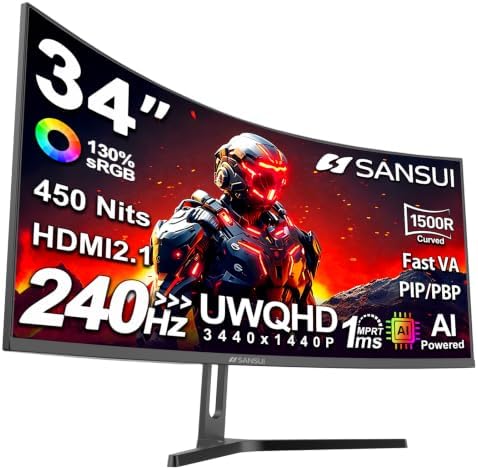 SANSUI 34 Inch Curved Monitor 240Hz UWQHD 3440×1440 Gaming Monitor by SANSUI