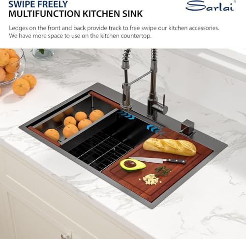 Sarlai 33 Inch Black Drop In Kitchen Sink Workstation - 33x19 Drop In Kitchen Sink Black Stainless Steel Topmount Workstation Sink 16 Gauge Deep Single Bowl Top-mount Kitchen Sink - Image 4