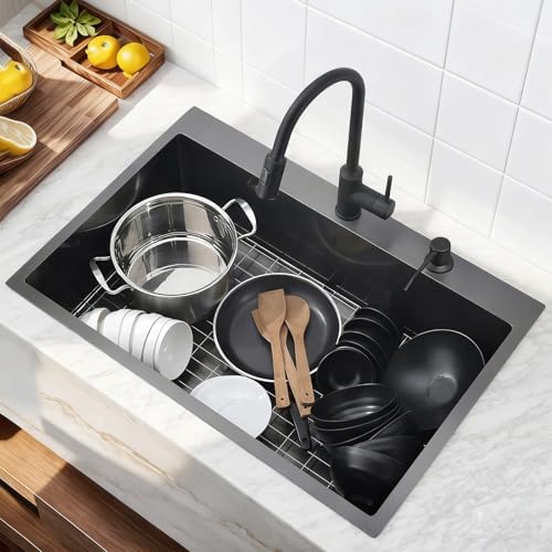 33x22 Inch Black Drop In Kitchen Sink - VAPSINT 33 Inch Top Mount Single Bowl 9 Inch Deep Handmade Workstation Sink in Gunmetal Stainless Steel with Cutting Board & Strainer - Image 2