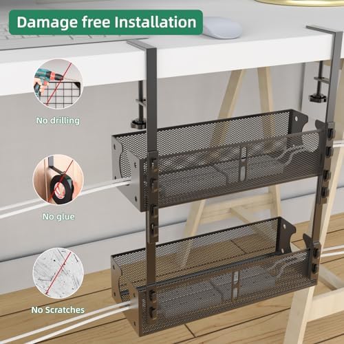 Multi-Model Under Desk Cable Management Tray 2 Packs Metal Under Desk Wire Management Clamp Mount Under Table Cord Management No Damage The Desk (Black) - Image 5