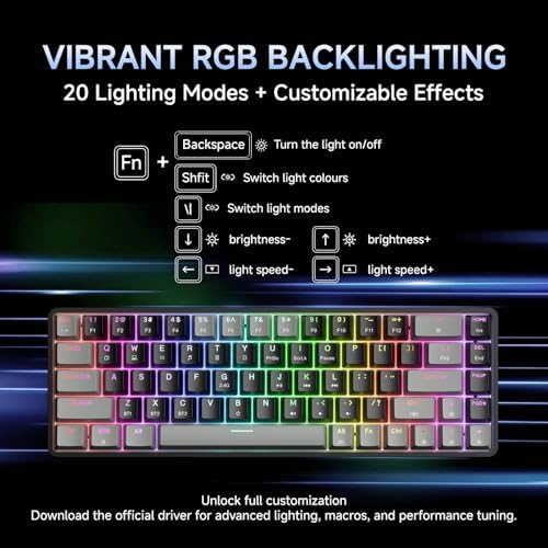 DIERYA DK68 60% Wireless Mechanical Gaming Keyboard, 3-Mode, Bluetooth 5.0/2.4G/USB-C, RGB Backlit, 68-Key Compact Mini for Windows, Mac, Linux - Linear Red Switch - Grey/Black - Image 6