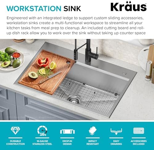 KRAUS Stainless Steel 33 in 16 Gauge Drop In Workstation Sink - Image 4
