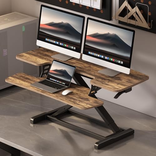 FLEXISPOT Standing Desk Converter 42" Extra Large Desk Riser, Spacious Desktop Riser Sit Stand Computer Workstation with Wide Keyboard Tray, Ergonomic Height Adjustable Stand Up Desk Converter, Rustic Brown - Image 2