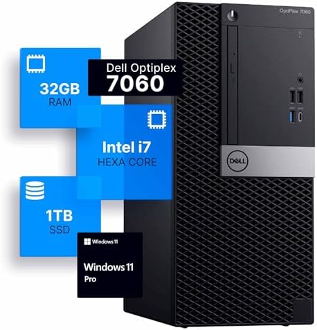 Dell Optiplex 7060 Tower Desktop Computer | Intel i7-8700 (3.4) | 32GB DDR4 RAM | 1TB SSD Solid State | Windows 11 Professional | Home or Office PC (Renewed) by Amazon+Renewed