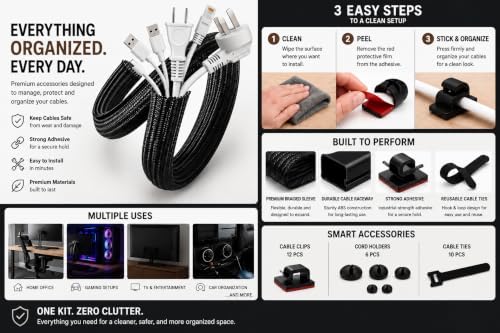 Cable Management Kit with Under Desk Raceway & 4 Long Cable Sleeves, Desk Cord Organizer with Cable Clips, Reusable Cable Ties & Cord Holders, Black - Image 7