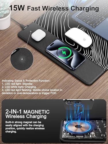 Mouse Pad with Wireless Charging, Large Desk Mat, Black Topographic Map #1 - Image 2