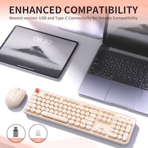 Wireless Keyboard Mouse, MOFII 104 Keys Cute Retro Typewriter Coffee - Image 7