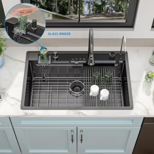 33"x22" Drop In Waterfall Kitchen Sink - Gunmetal Black NANO-PVD, 16 Gauge 304 Stainless Steel, Ledge Workstation Single Bowl Top Mount Smart Waterfall Sink with Faucet Combo & Glass Rinser - Image 4