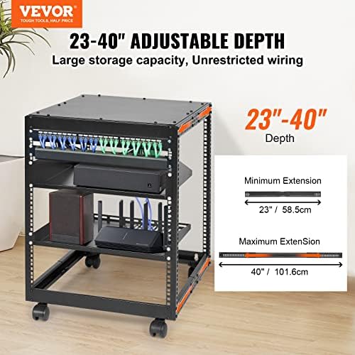 VEVOR 12U Open Frame Server Rack, 23-40 in Adjustable Depth, Free Standing or Wall Mount Network Server Rack, 4 Post AV Rack with Casters, Holds All Your Networking IT Equipment AV Gear Router Modem - Image 2