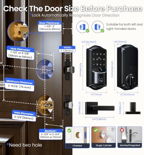 Veise VE027-L WiFi Smart Lock with Handles Set for Front Door, Matte Black - Image 6