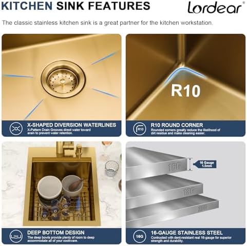 Bar Sink - Lordear 15x20 Inch Gold Bar Sink with Faucet Drop In Workstation 16 Gauge T304 Stainless Steel Single Bowl Top Mount Wet Bar RV Prep Outdoor Kitchen Sink 15x20x9 Inch - Image 6