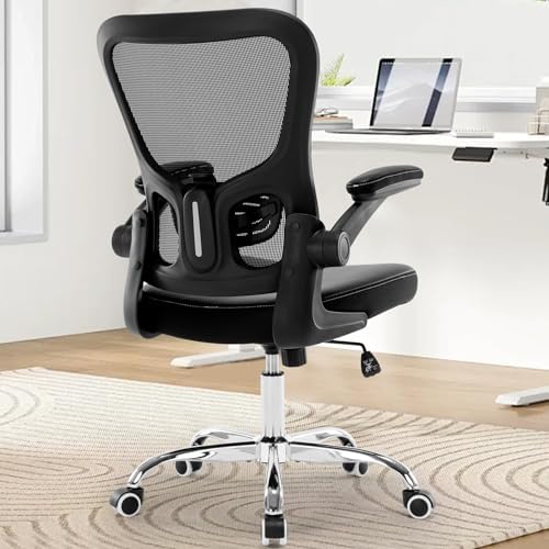 Ergonomic Office Chair, Adjustable PU Leather Computer Desk Chair with Lumbar Support, Flip-Up Arms, Breathable Mesh Back, 360° Swivel Rolling Executive Chair for Home Office, Black - Image 2