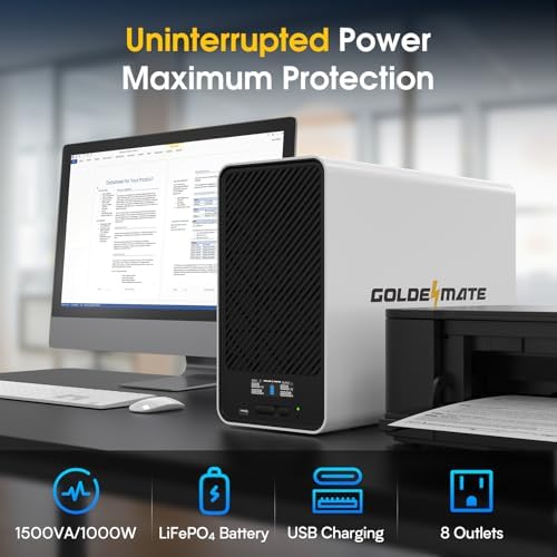 GOLDENMATE 1500VA/1000W Lithium UPS Battery Backup & Surge Protector, White - Image 2