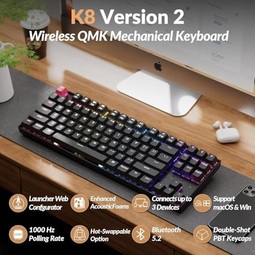 Keychron K8 V2 Wireless RGB Mechanical Keyboard, QMK/VIA Programmable, Hot-Swappable Super Red Switches, 87-Key TKL PBT Keycaps, Dual-Mode Bluetooth 5.2 & USB-C Wired, for Mac, Windows, Linux - Image 2