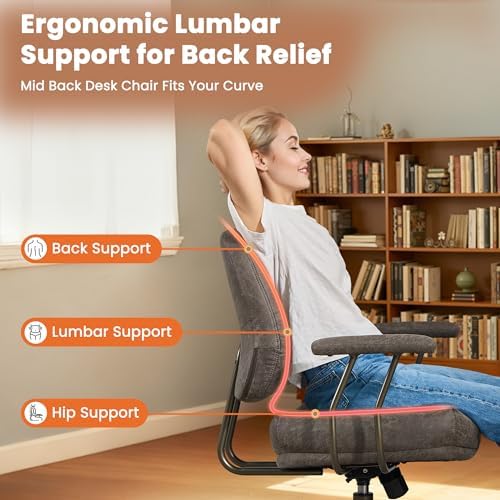 Leather Home Office Chair, Mid Back Ergonomic Desk Chair with Lumbar Support, Mid Century Modern Deep Seat Swivel Rocking Computer Chair, Dark Gray - Image 4