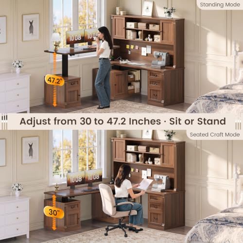SEDETA Farmhouse L Shaped Electric Standing Desk with Hutch, 4 Drawers and Storage Cabinet, 106" Height Adjustable Office Executive Desk with Power Outlet, Led Lights for Two Person, Brown - Image 4