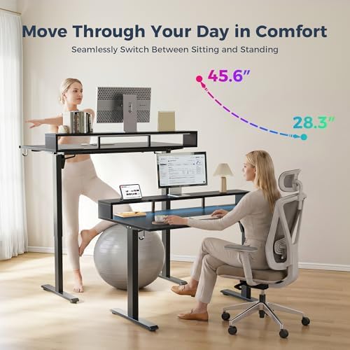 Klicelor Electric Standing Desk with Shelf, 48 Inch Height Adjustable Desk with Power Outlets & LED, Sit Stand Up Table with Monitor Stand, Computer Workstation for Home Office, Black - Image 6