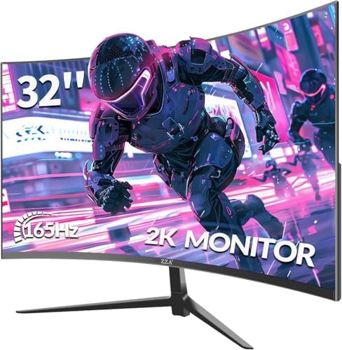 ZZA 32 Inch Curved Monitor,1440p VA Screen 165Hz, 1500R Curved Gming Monitor,Computer Monitor 1ms,FreeSync & G-Sync, HDR10, 120% sRGB Coverage, DP/HDMI, PC Monitor VESA Mount Compatible by ZZA