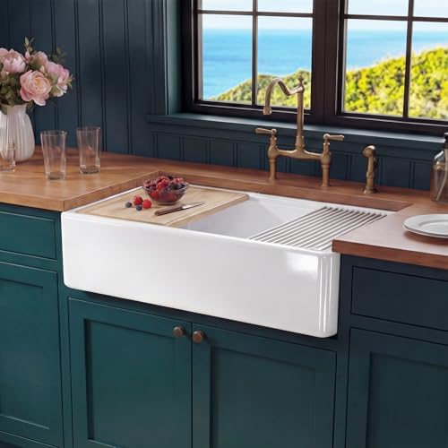 Miuara 33 x 20 Inch White Apron Front Farmhouse Workstation Kitchen Sink by Miuara