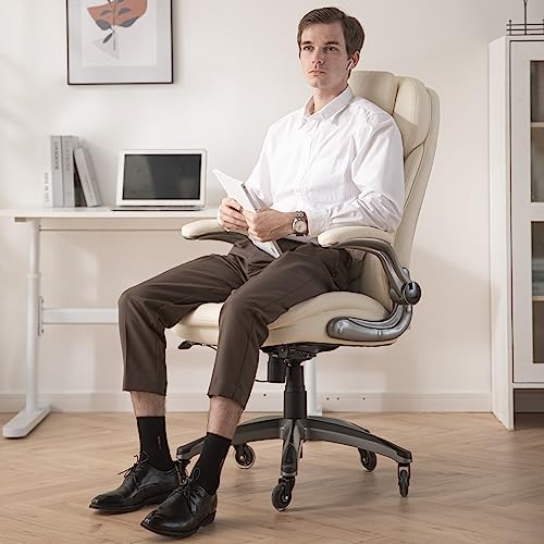 COLAMY Ergonomic High Back Office Chair, Ivory Bonded Leather Executive Desk Chair with Flip-up Arms, Thick Cushion, Silent Nylon Wheels, Adjustable Height & Rocking Function, 300lbs Capacity - Image 2