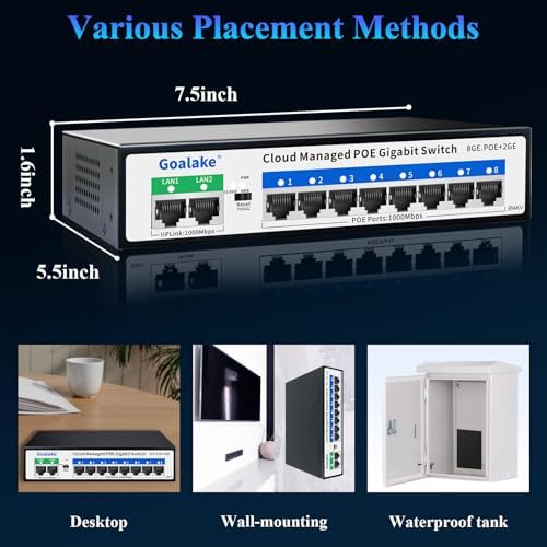 Goalake 10-Port Gigabit PoE Switch (8 PoE Ports + 2 Uplinks) with 250m Extend Function, Easy Smart Managed, Plug and Play, Fanless Metal Design, VLAN, QoS, Desktop or Wall Mount - Image 7