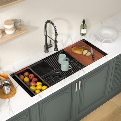 Lordear Luxury 45 Black Undermount Kitchen Sink NANO PVD Large Ledge Workstation T304 16 Gauge Stainless Steel Single Bowl Under Counter, 45''x19''x10'' - Image 2
