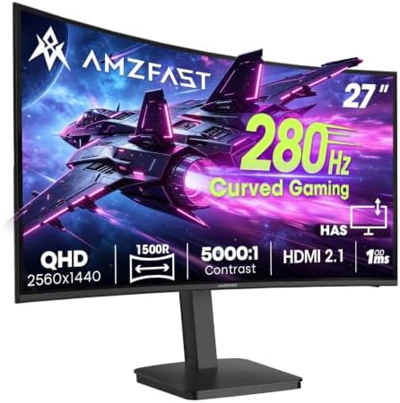 Amzfast 27" 280Hz WQHD Curved Gaming Monitor,Height Adjustable Stand,1ms OD by Amzfast