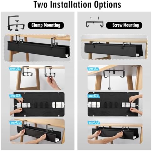 Desk Cable Management Tray, Fabric Cable Organizer, No Drill Large Clamp/Screw Mount Wire Organizer-Support Up to 30lbs, Standing Desk Cable Management for Office Home (Black,28 Inch) - Image 4