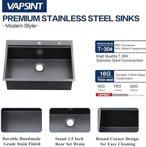 33x22 Inch Black Drop In Kitchen Sink - VAPSINT 33 Inch Top Mount Single Bowl 9 Inch Deep Handmade Workstation Sink in Gunmetal Stainless Steel with Cutting Board & Strainer - Image 4