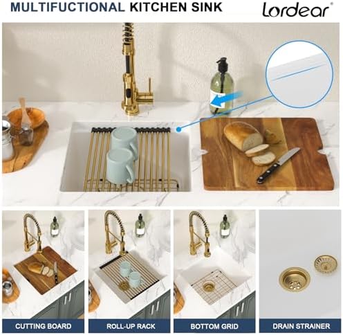 Lordear 18 Inch White Kitchen Sink Granite Composite Undermount Bar Workstation 18x18 White Quartz Sinks Under Counter Single Bowl with Classic Gold Accessories - Image 5