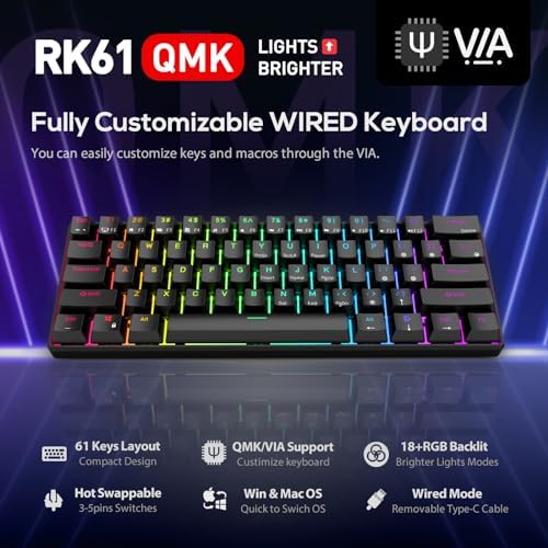 RK ROYAL KLUDGE RK61 Wired 60% Mechanical Gaming Keyboard Programmable QMK/VIA RGB Backlit 61 Keys Ultra-Compact Hot Swappable Brown Switch Black - Image 2