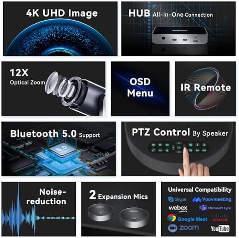 Tenveo 4K PTZ Conference Room Camera System, AI Auto-Tracking 12X Optical Zoom USB3.0 HDMI PTZ Camera and Bluetooth Speakerphone with 2 Expansion Mics Kit Wide Angle for Large Room Meetings - Image 2