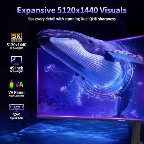 Deco Gear 49 Inch Curved Monitor, 5K2K Ultrawide WDQHD Screen 5120×1440, R1500, HDR400, 120Hz, 32:9 VA Panel, USB-C 65W PD, Adaptive Sync, PBP/PIP, KVM Switch, Built-in Speakers & Ergonomic Stand - Image 2
