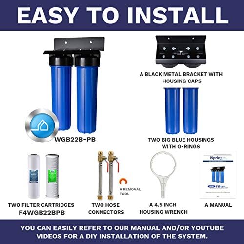 iSpring WGB22B-PB+AHPF12MNPT16X2 2-Stage Whole House Water Filtration System with 20” x 4.5” Carbon Block and Lead Reducing Filters and 3/4" Push-fit Stainless Steel Hose Connectors, Blue - Image 6