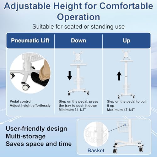 Mobile Tablet Cart for 9.7"-14" Tablet, Adjustable Height with Pneumatic Lifting(31.5" - 47.25"), Storage Basket, Cup Holder, Cable Management for Home, Office and Salon, Cold-Rolled Steel - Image 5