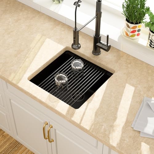 Lordear 18 Inch Black Granite Composite Kitchen Sink Workstation 18x18 Matte Black Undermount Quartz Sinks Under Counter Single Bowl Sink with Black Accessories - Image 3