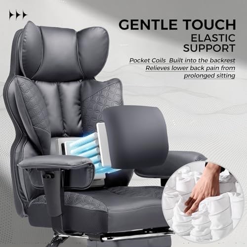 COMHOMA Big and Tall Office Chair Heavy Duty Wide Ergonomic Gaming Chair with Deluxe Embossing Designed Leather with Foot Rest, 145°Reclining Adjustable Armrests Pocket Spring Back Support and Pillow - Image 4